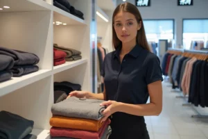 Employée H&M en uniforme rangeant des vêtements pliés dans un magasin moderne