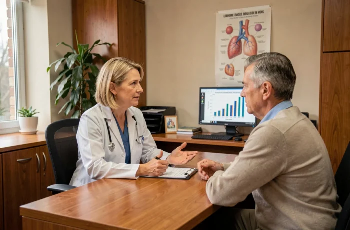 Endocrinologue expliquant les résultats du bilan lipidique à un patient en consultation médicale