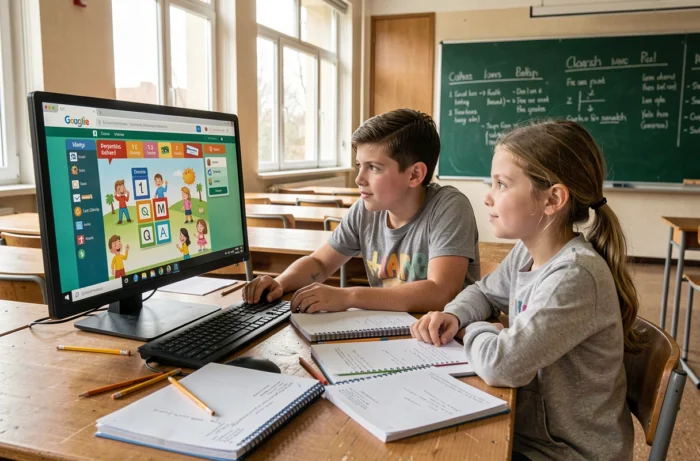 Due bambini che utilizzano un computer educativo in classe per esplorare siti di apprendimento interattivi nel 2024