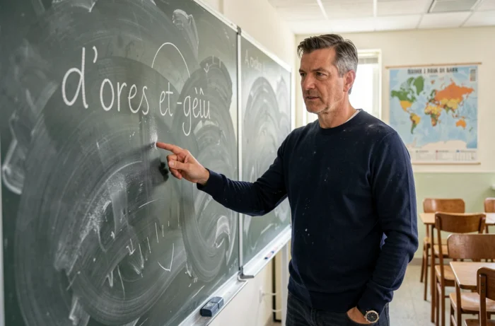 Enseignant pointant la locution d'ores et déjà écrite à la craie sur un tableau noir dans une salle de classe