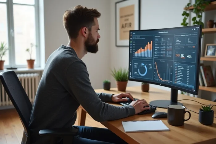 Entrepreneur travaillant sur des tableaux de bord analytiques pour optimiser la croissance de son entreprise depuis son bureau à domicile