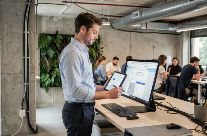 Jeune entrepreneur masculin dans un espace de coworking travaillant sur la création d'un site web pour son activité digitale