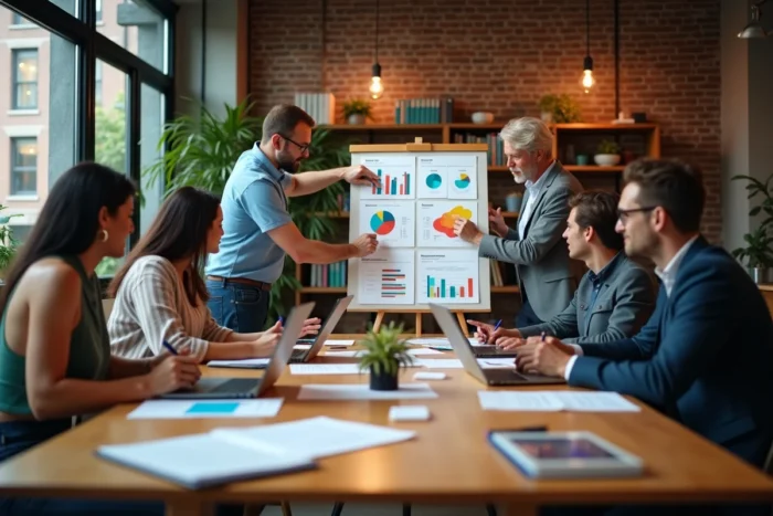 Équipe de professionnels en réunion de brainstorming pour développer des stratégies de croissance en 2024