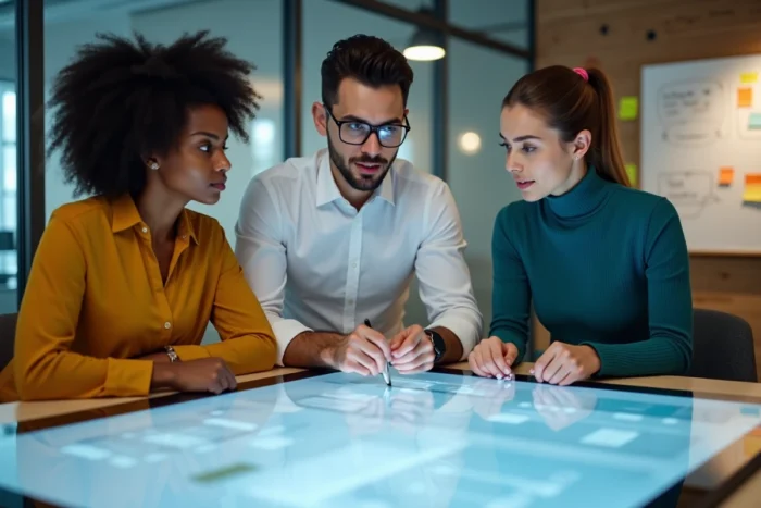 Équipe de développeurs web collaborant sur des wireframes et interfaces UI dans une salle de réunion moderne