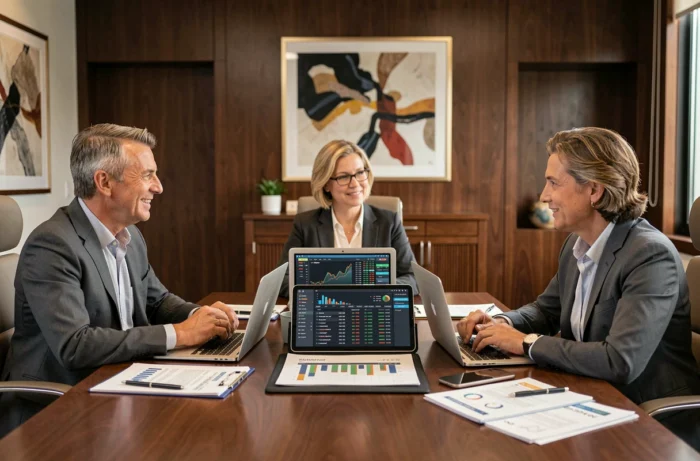 Equipe de profissionais de finanças em reunião ao redor de uma mesa com relatórios e telas de dados de mercado