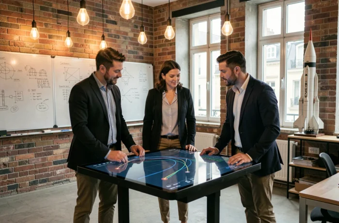 Équipe fondatrice d'une startup aérospatiale française collaborant autour d'une table tactile avec des simulations de trajectoires orbitales