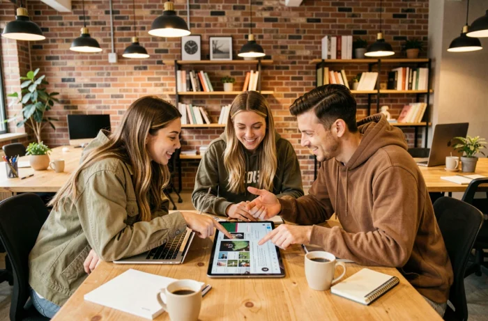 Équipe de créateurs de contenu collaborant autour de tendances des réseaux sociaux dans un espace de coworking