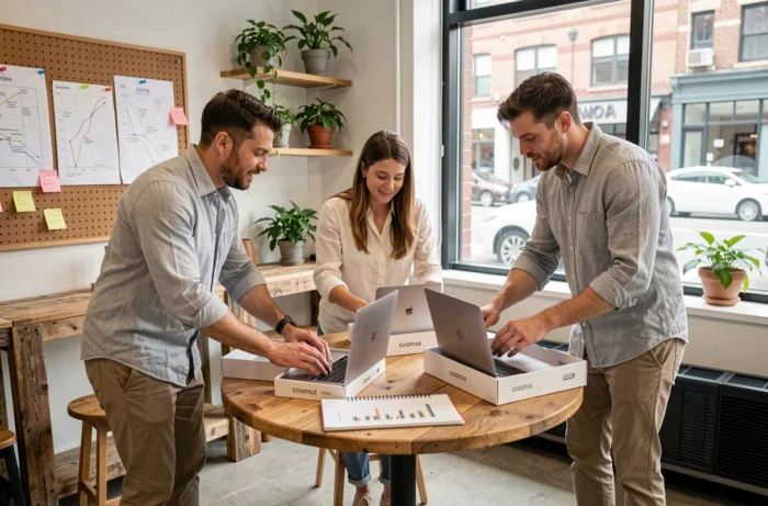 Groeiende start-up team unpacking gehuurde IT-apparatuur in een collaboratieve coworking ruimte