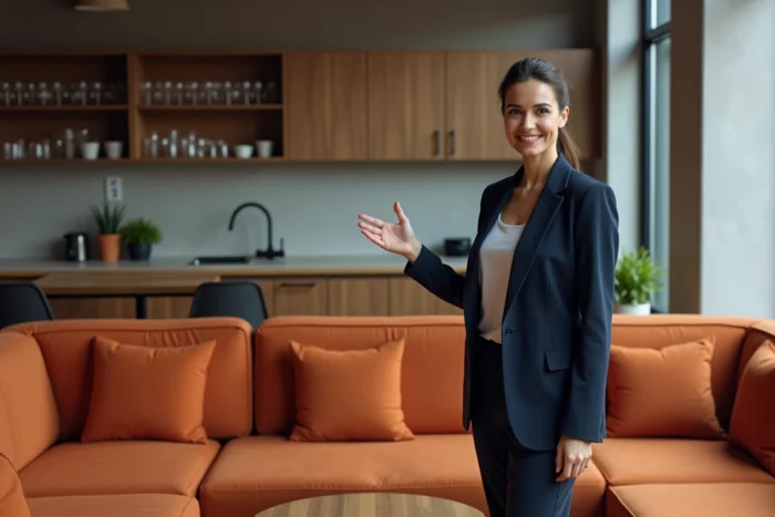 Femme professionnelle présentant un espace convivial d'entreprise avec des sièges modulables orange et une table basse en bois dans une salle de pause moderne