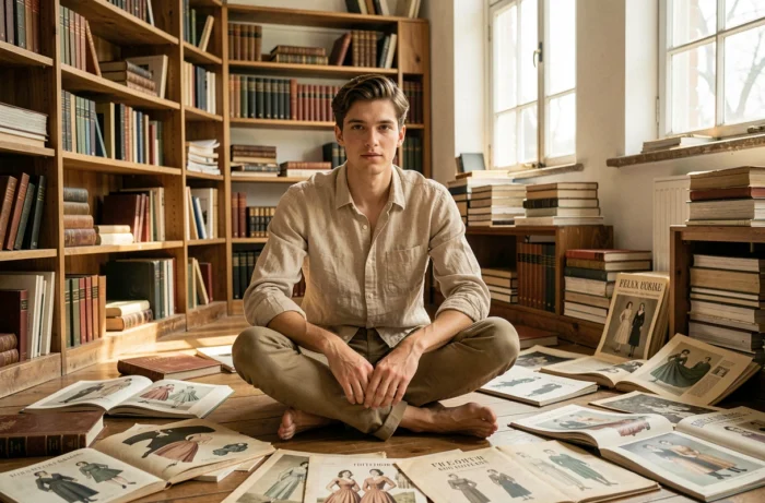 Student in fashion history consulting archives of vintage magazines and fashion engravings from the 19th century in a research library