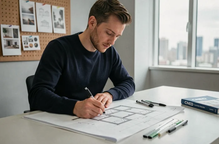 Étudiant en formation d'architecture d'intérieur par correspondance réalisant des croquis techniques à la main