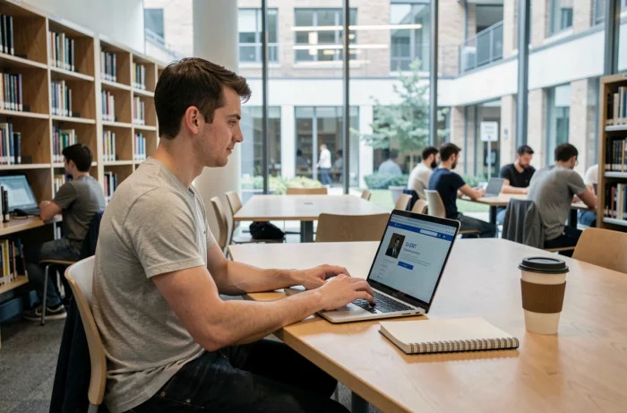 Étudiant en train de se connecter à l'ENT Nantes Université dans une bibliothèque universitaire moderne