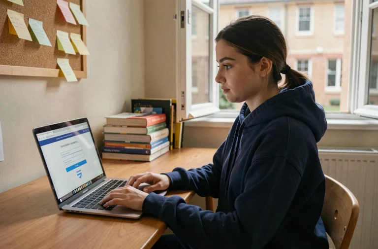 Étudiante connectée à l'ENT de Nantes Université sur son ordinateur portable dans sa chambre universitaire
