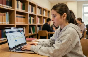 Étudiante consultant sa messagerie académique de Lyon sur un ordinateur portable dans une bibliothèque universitaire