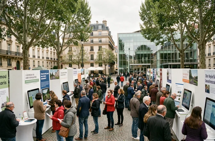 Community event around urban innovation projects in a renovated public square in Grand Paris Seine Ouest