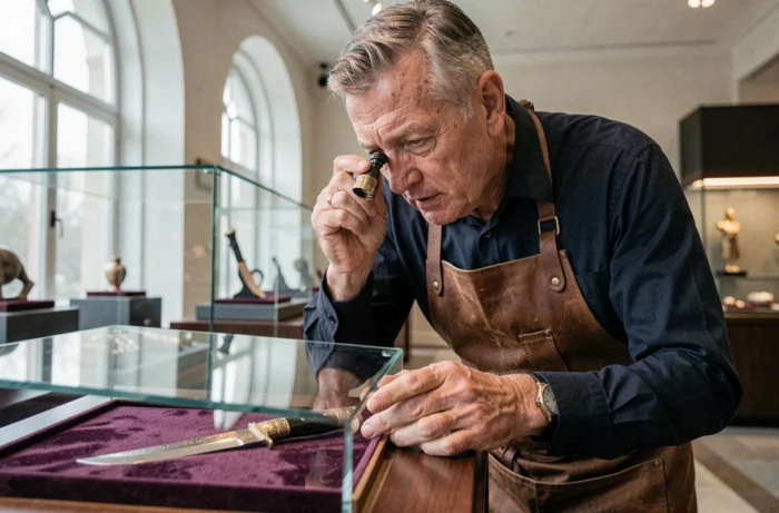 Expert coutelier examinant un couteau de collection rare en acier damas dans une salle de vente aux enchères haut de gamme