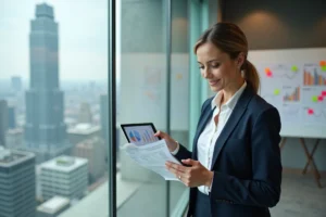 Femme d'affaires analysant des stratégies de croissance d'entreprise devant une fenêtre avec vue sur la ville
