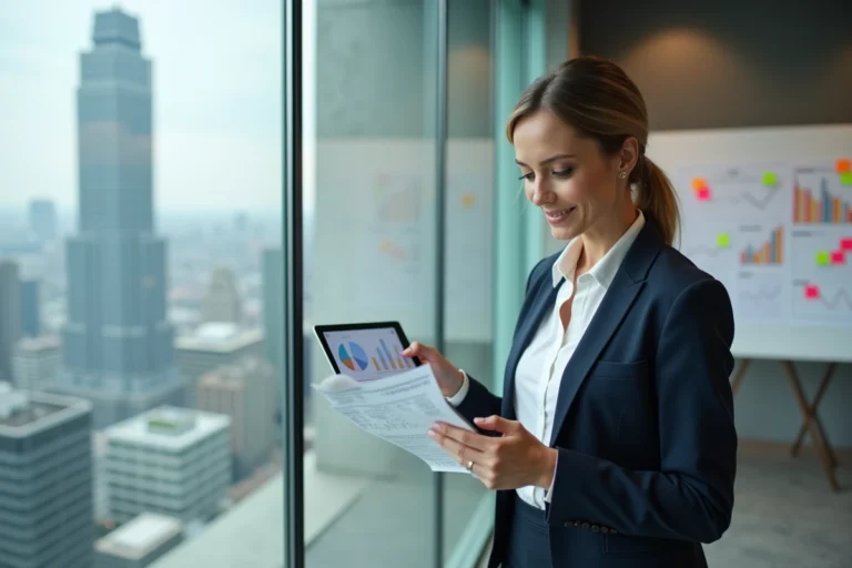 Femme d'affaires analysant des stratégies de croissance d'entreprise devant une fenêtre avec vue sur la ville