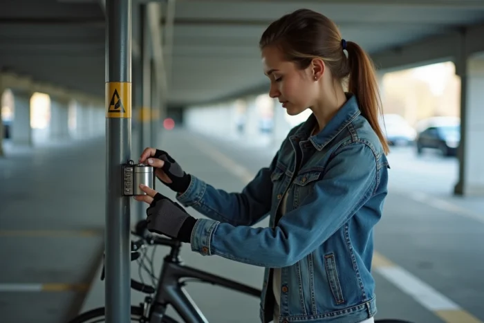 Femme inspectant un antivol vélo à molettes dans un parking souterrain pour modifier la combinaison