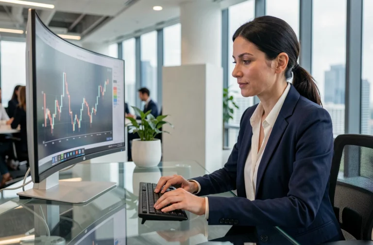 Femme cadre analysant des graphiques financiers sur un écran dans un bureau moderne avec vue sur la ville
