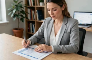 Femme professionnelle consultant une feuille de calcul des heures de travail à son bureau à domicile
