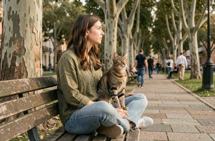 Young woman with a tabby cat in an urban park, animal world news