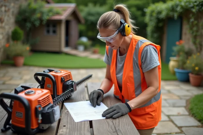 Femme équipée de protections comparant deux débroussailleuses thermiques posées sur un établi de jardin en extérieur