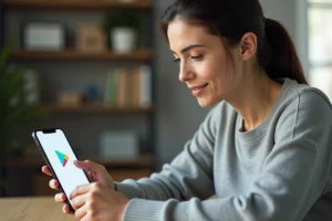 Femme connectant son smartphone Android au Google Play Store dans un bureau à domicile moderne
