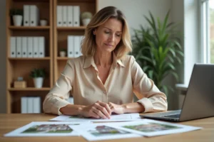 Femme consultant des annonces d'échange immobilier entre particuliers sur un bureau en bois avec des documents et un ordinateur portable