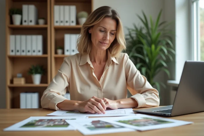 Femme consultant des annonces d'échange immobilier entre particuliers sur un bureau en bois avec des documents et un ordinateur portable