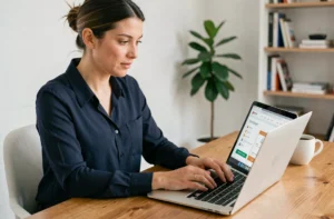 Femme consultant des informations sur les services de La Fantaisie depuis son ordinateur portable à son bureau à domicile