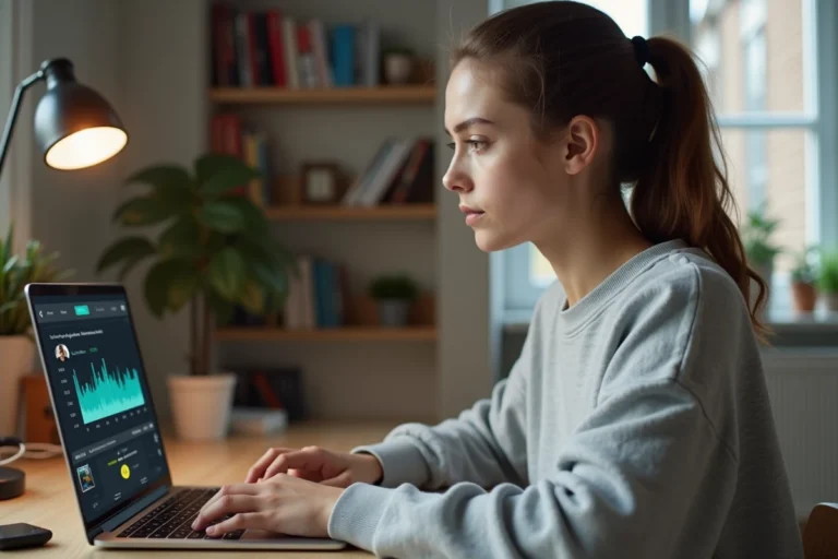 Jeune femme convertissant de la musique en ligne sur un ordinateur portable dans un bureau à domicile moderne et organisé