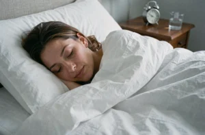 Femme adulte dormant paisiblement dans un lit blanc avec un réveil analogique sur la table de nuit illustrant l'importance des heures de sommeil