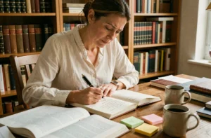 Femme écrivant dans un carnet avec un stylo plume, entourée de livres de grammaire française sur un bureau en bois