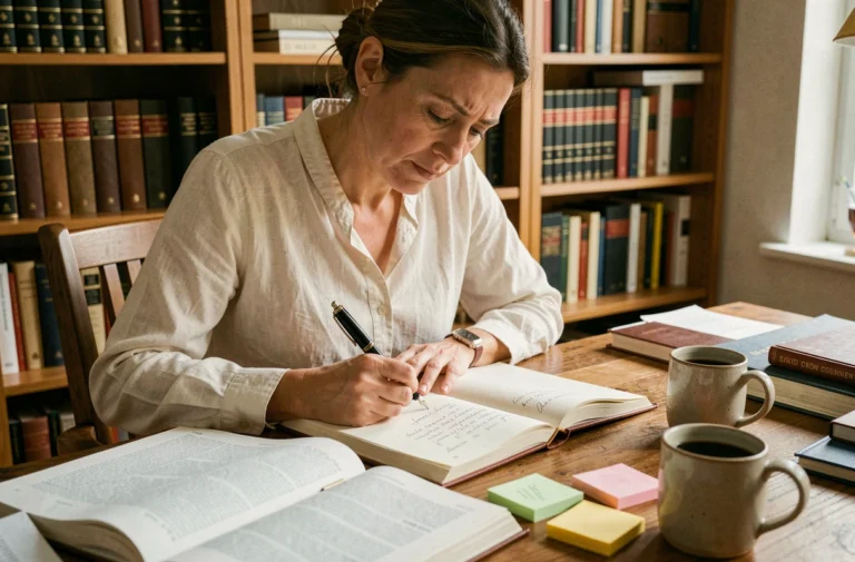 Femme écrivant dans un carnet avec un stylo plume, entourée de livres de grammaire française sur un bureau en bois