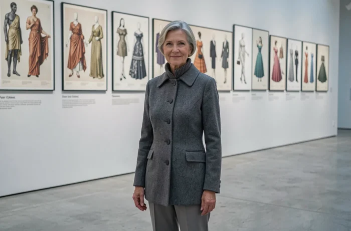 Elegant woman wearing a Victorian collar coat in front of a timeline of fashion evolution in a contemporary museum