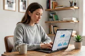 Femme entrepreneur travaillant sur son business en ligne depuis son bureau à domicile avec un ordinateur portable
