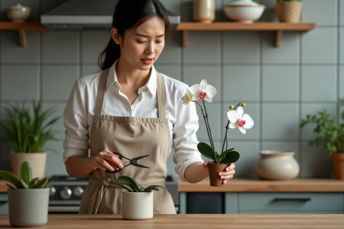 Femme examinant une orchidée avec une tige jaune dans une cuisine, tenant des ciseaux de taille
