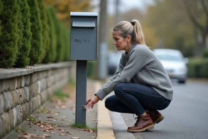 Une femme examine attentivement les marques suspectes gravées sur le poteau de sa boîte aux lettres devant sa maison