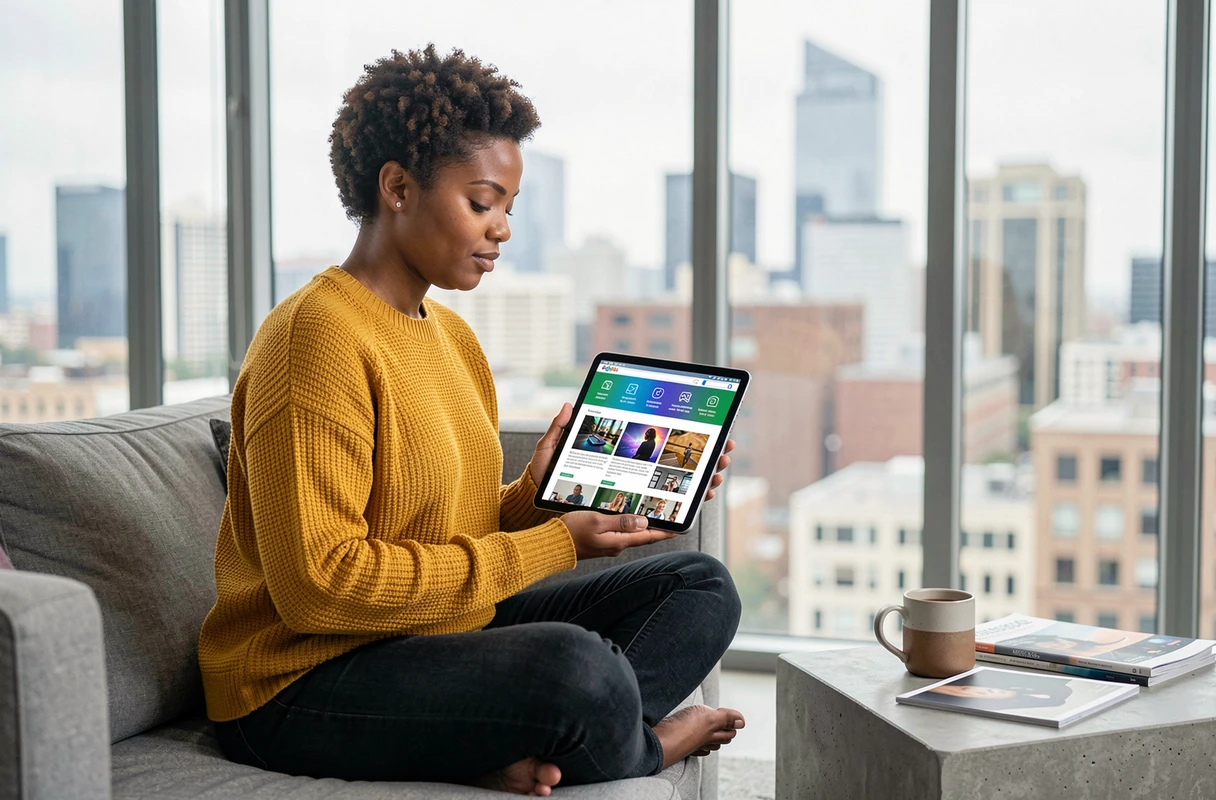Femme geek consultant des ressources numériques et blogs tech sur une tablette depuis son appartement moderne