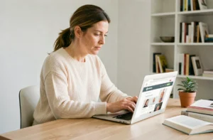 Femme consultant un guide de santé en ligne sur son ordinateur portable dans un bureau à domicile
