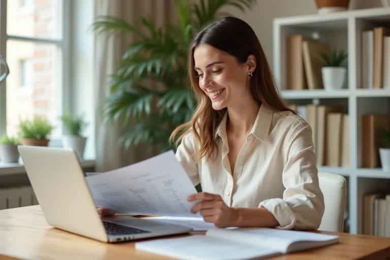 Femme consultant une plateforme d'impression de livre en ligne sur son ordinateur portable dans un bureau à domicile