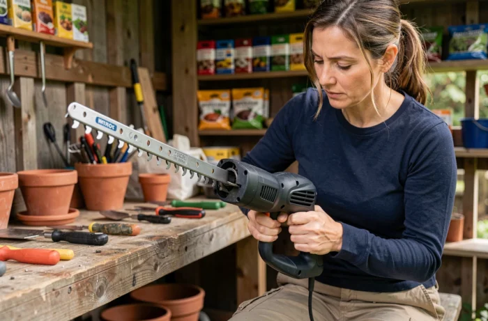 Woman inspecting the blade of a cordless electric hedge trimmer in a garden workshop