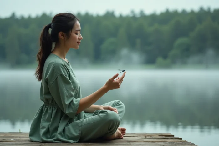 Femme tenant une libellule bleue sur son doigt au bord d'un lac, symbolisme spirituel et connexion énergétique