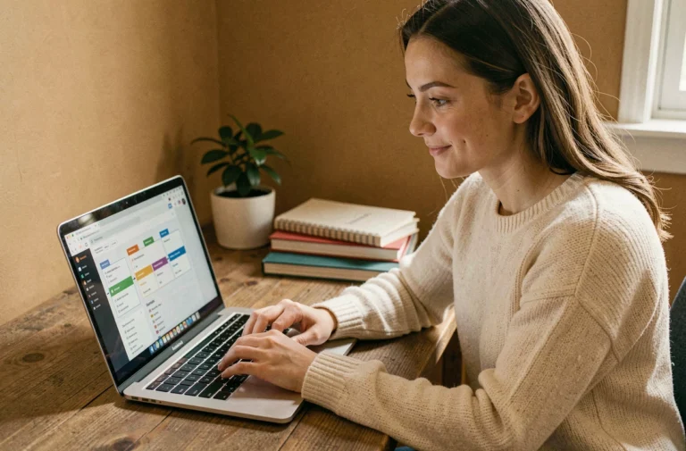 Jeune femme naviguant sur un plan de site depuis un ordinateur portable dans un bureau à domicile cosy