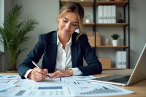 Femme professionnelle organisant des dossiers immobiliers sur un bureau en bois pour une demande de prêt ou de location