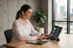 Femme découvrant les nouveaux outils numériques de D'clic Lab sur un bureau moderne en studio créatif