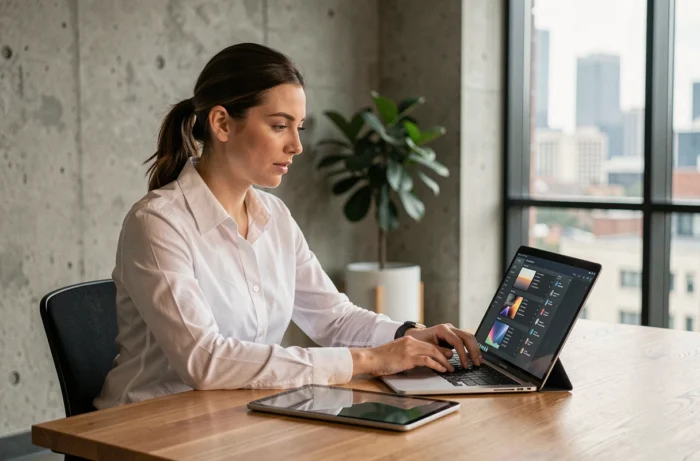 Femme découvrant les nouveaux outils numériques de D'clic Lab sur un bureau moderne en studio créatif