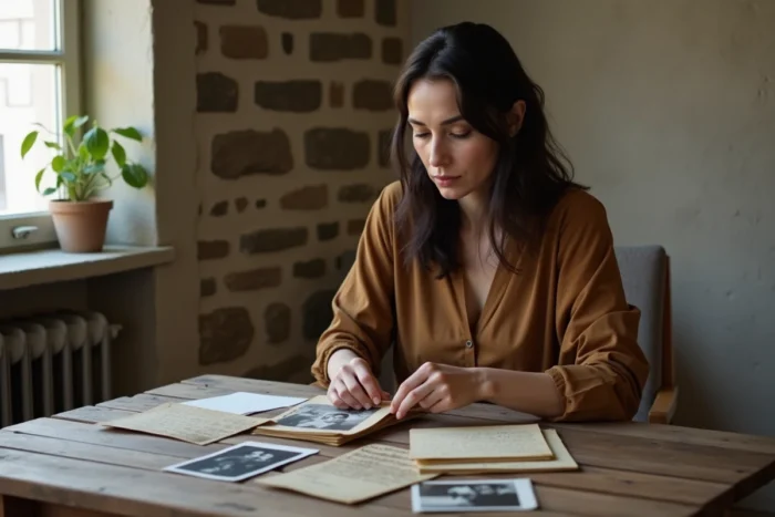 Femme contemplant de vieilles photographies de famille et des lettres manuscrites dans un studio aux murs en pierre, symbole de mémoire et de transmission