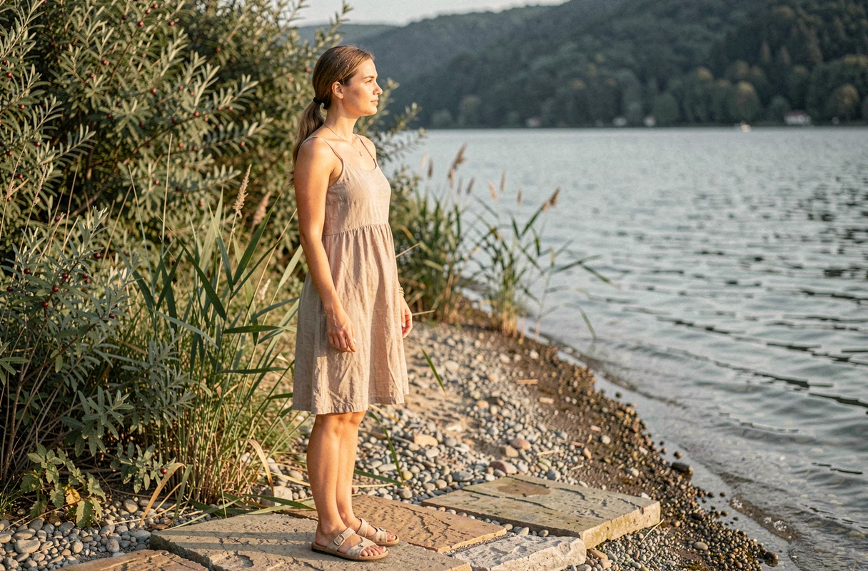 Femme explorant une plage de galets secrète au bord du lac du Bourget en été
